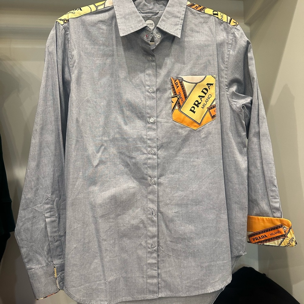 Prada Light Blue Button-Down Shirt with Yellow Logo Pocket & Trim